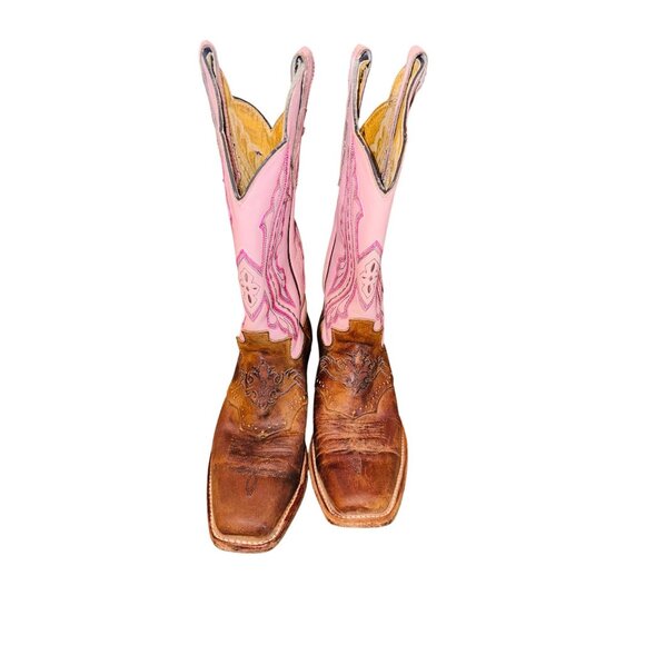 JUSTIN L2667 PINK TAN LEATHER SQUARE TOE COWBOY WESTERN COWGIRL GLAM BOOTS 7.5 - Picture 3 of 14